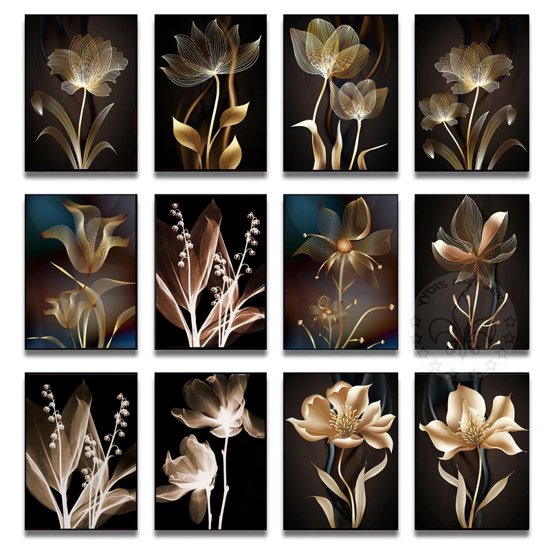

Abstract Black Golden Flower Decoration Painting Nordic Plant Leaf Canvas Painting Poster Print Wall Art Picture Room Hoom Decor