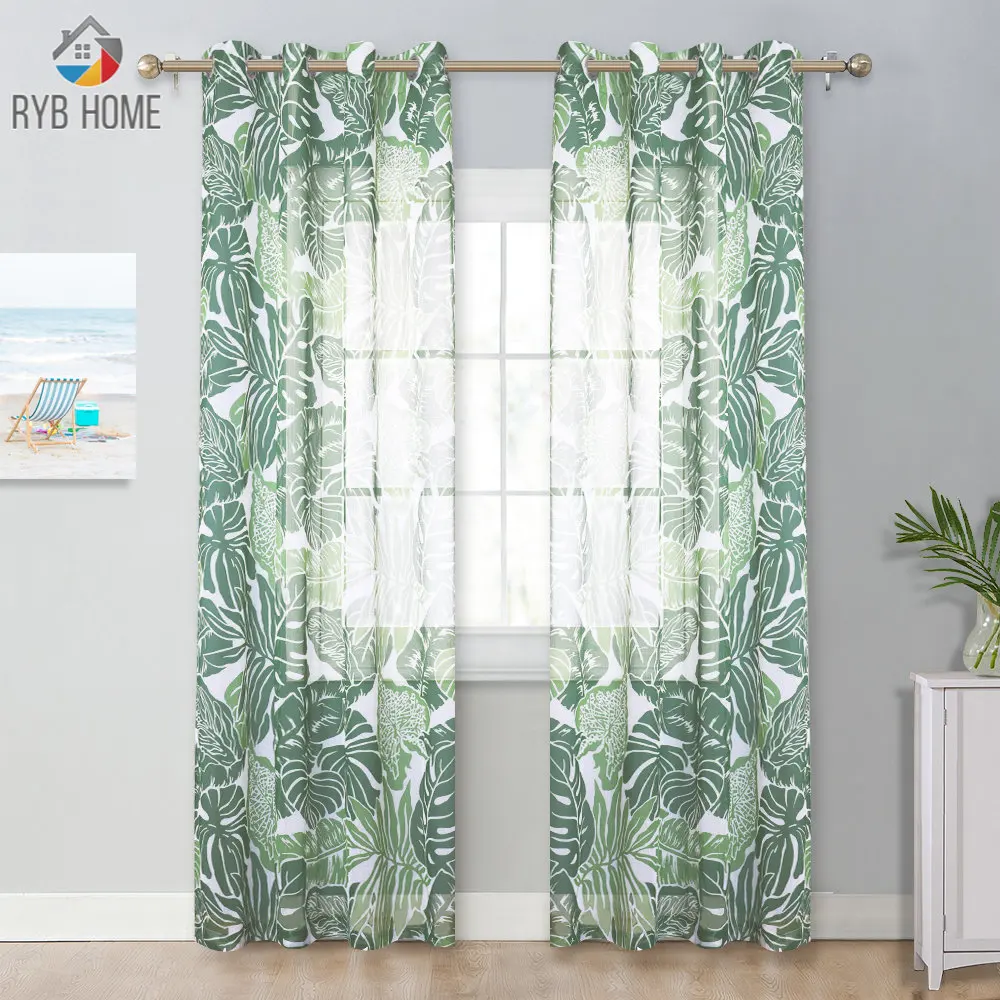 

RYB HOME Leaf Print Sheer Curtains Modern Style Faux Linen Textured Sheer with Two-Tone Leaves Pattern Window Drapes for Bedroom
