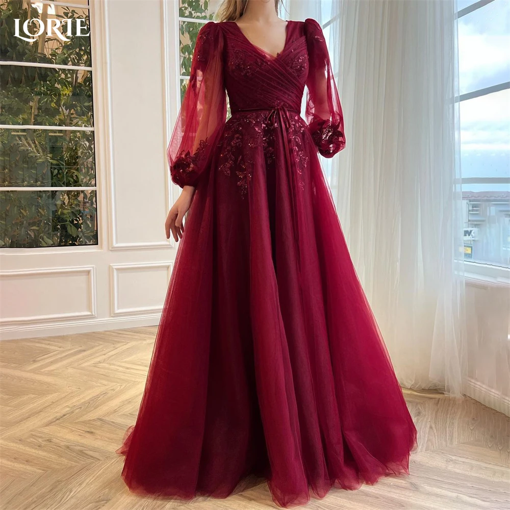 

LORIE Solid Burgundy Formal Prom Dresses Puff Sleeves A-Line Lace V-Neck Evening Dress Apliques Pleated Graduation Party Gowns