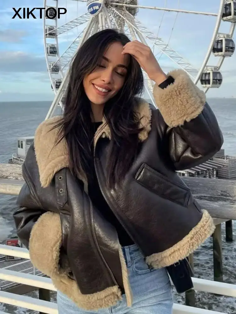 Xiktop Cashmere Locomotive Jacket Women Loose Long Sleeve Zipper Thick Coats Autumn Winter Vintage Warm Female Short Jacket Coat