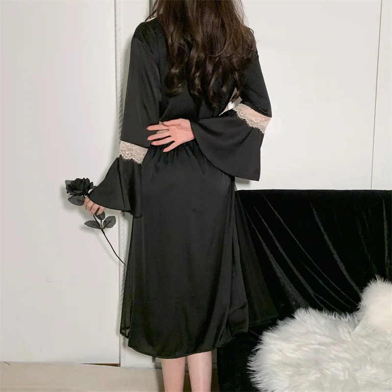Vintage Long Sleeve Silk Dressing Gown Women Rayon Sexy Sleepwear Lace Princess Nightgowns Wedding Party Dresses Silk Nightdress