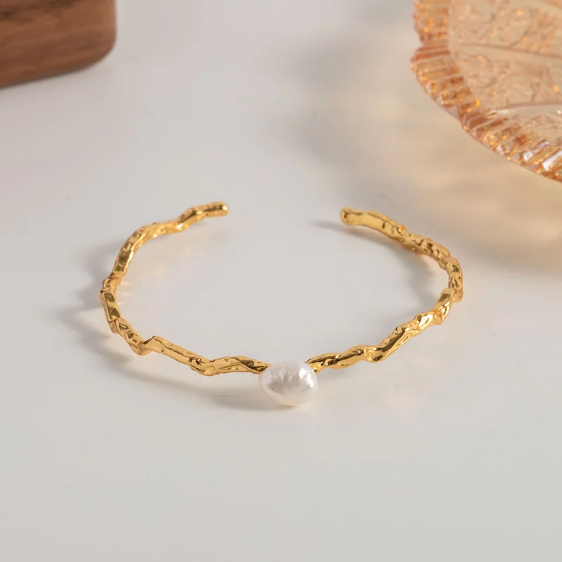 

Minar Elegant Natural Freshwater Pearl Cuff Bracelet for Women 14K Gold Plated Brass Twist Open Adjusting Bangles Bridal Jewelry