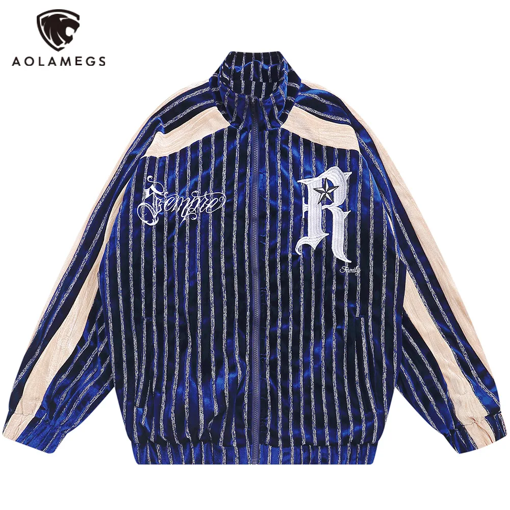 Aolamegs Men Retro Jacket Streetwear Stripe Blue Color Zip Up Jacket Coat Hip Hop High Street Coat Casual Men's Fashion Clothes