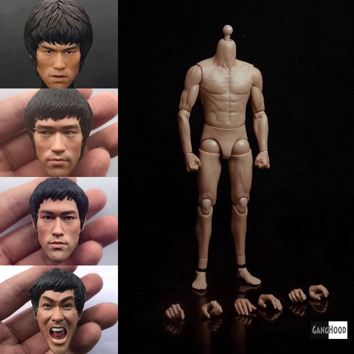 

GANGHOOD 1/6 G002 азиатские мужские мышцы гибкое тело экшн-фигурка, похожая на HT DX04 для 12 дюймов Брюса Ли Мужская голова веер DIY