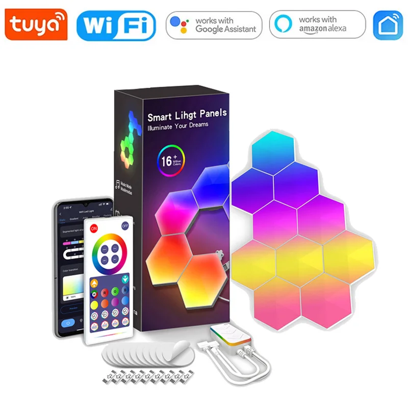 

Tuya Wifi Indoor Atmosphere Wall Lamp RGBIC Smart Board Hexagonal Night Light Game Room Bedroom Decoration for APP Voice Control