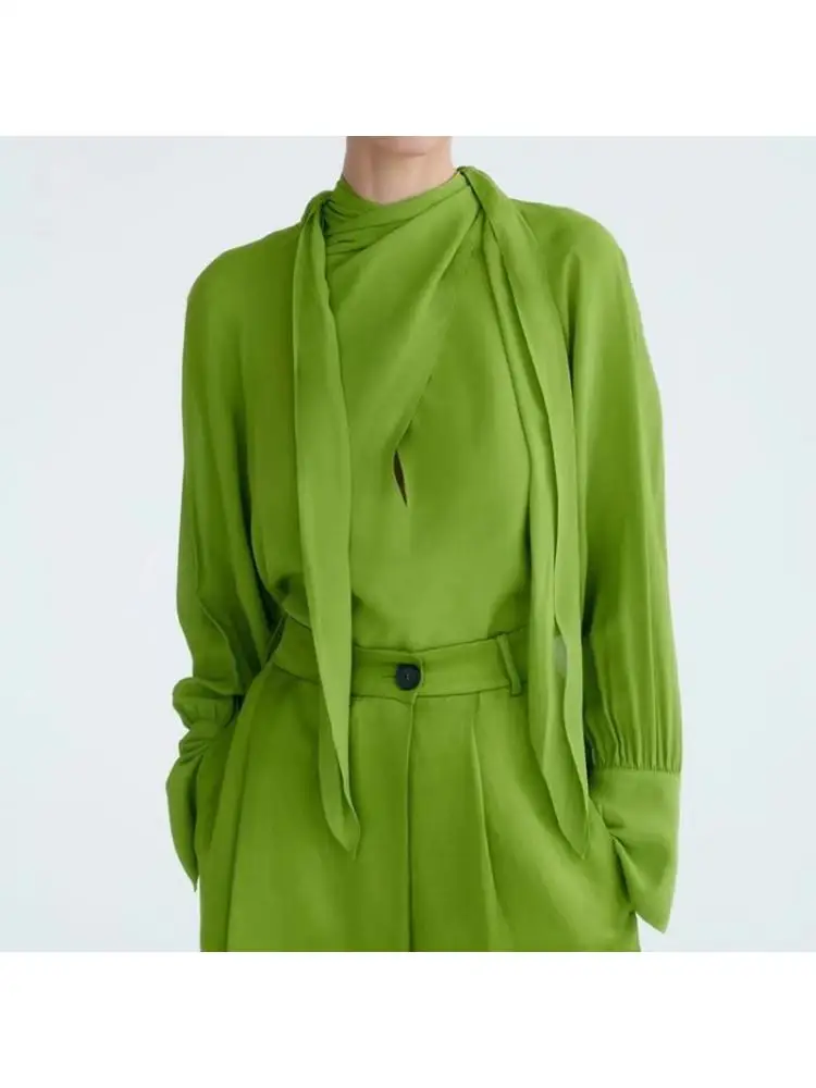 

Spring 2022 Women Solid Bow Blouse Turtleneck Long Sleeve Shirt Chic Female Elegant Tops Camisas Mujer