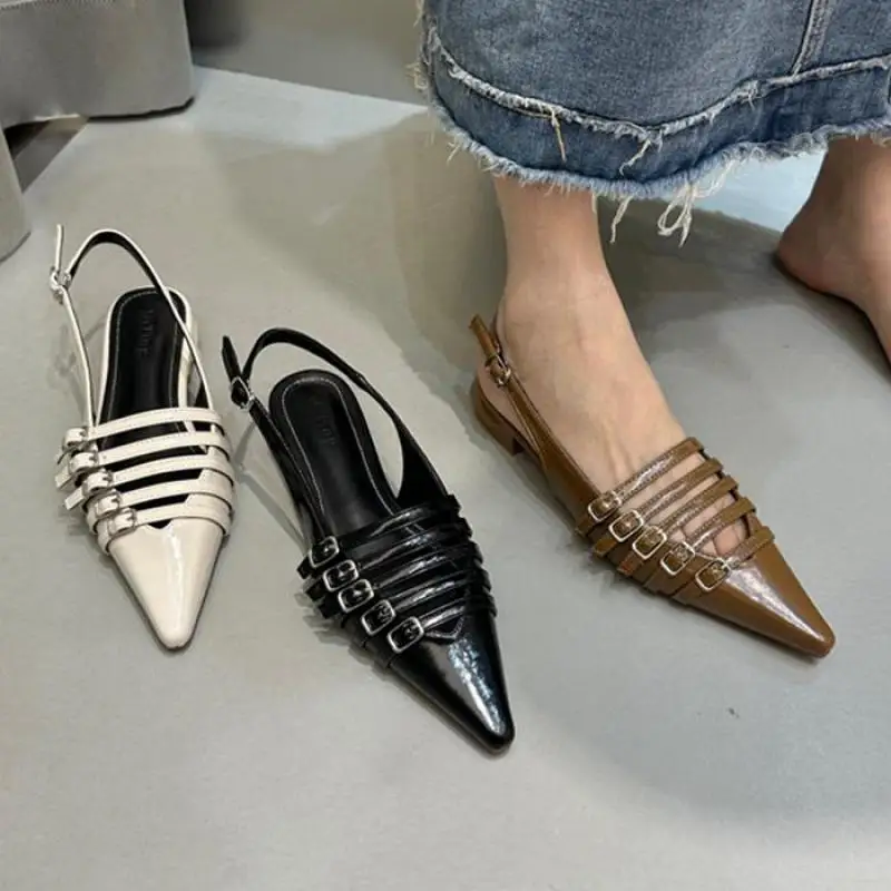 

2023 Spring New Brand Women Sandal Fashion Pointed Toe Shallow Slip On Ladies Slingback Shoes Square Low Heel Mules