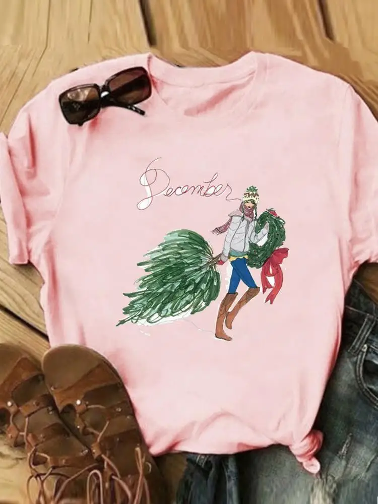 

Мультяшный акварельный тренд, праздничная одежда, новый год, для женщин, Счастливого Рождества, модная женская футболка с принтом, Повседне...