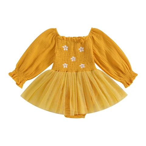 Детское демисезонное платье-комбинезон с длинным рукавом и цветочной вышивкой