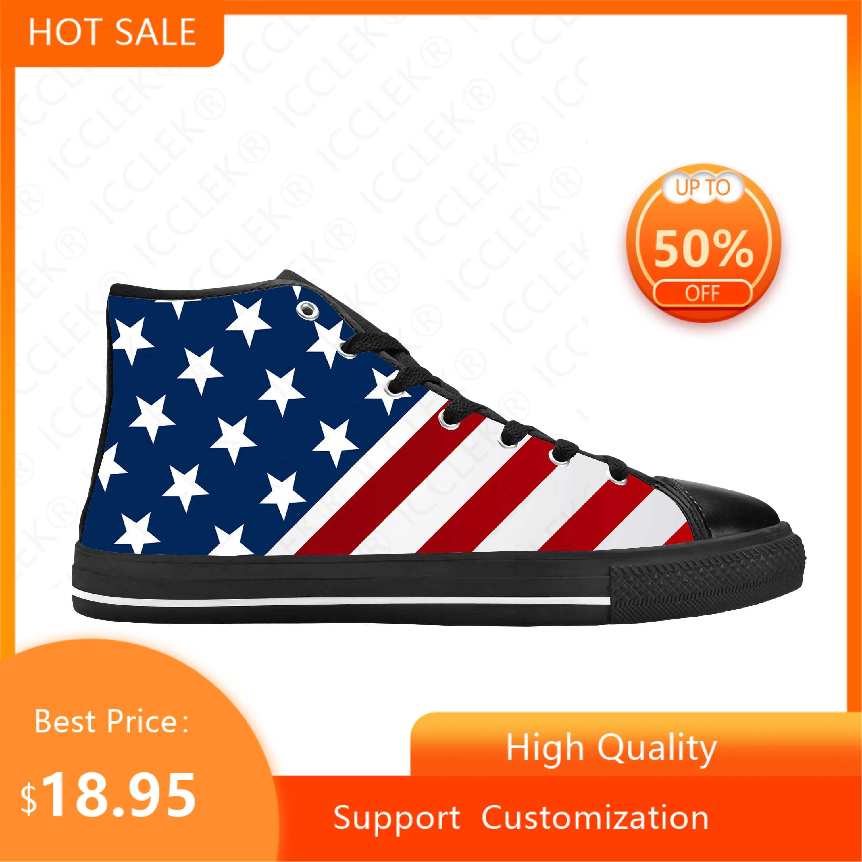 

Hot United States USA American Flag Stars Stripes Casual Cloth Shoes High Top Comfortable Breathable 3D Print Men Women Sneakers