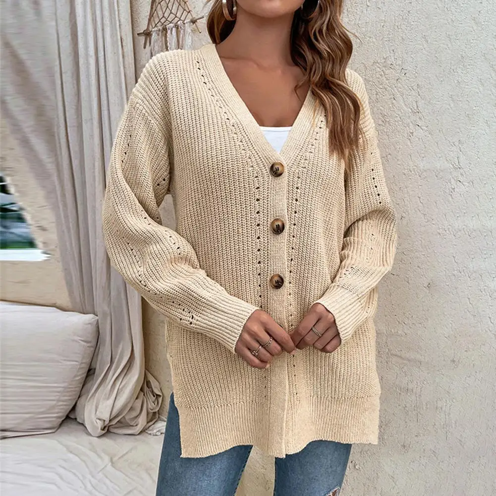 

Cardigan Women Winter 2022 V-Neck Long Sleeve Hollow Side Split Pockets Solid Color Placket Knitwear Sweater Autumn Outerwear