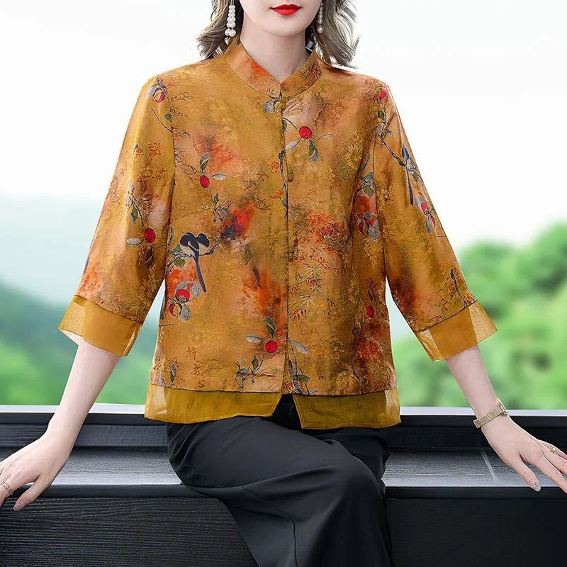 

Sheng Coco Chinese Style Blouse Imitation Fragrant Cloud Yarn New Style Interleaved Flowers Qipao Tops Modified Casual Clothing