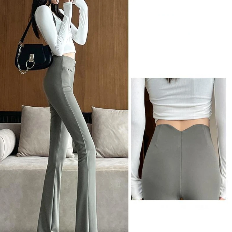 All-Match Women Fashion Pants Female Flared Pants Solid High Elastic Waist Wide Leg Trousers Ladies Casual Streetwear Pants G627