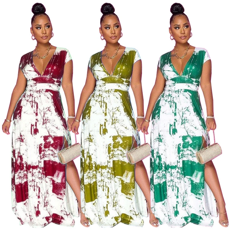 

2022 new women's elegant sexy print V-neck aircraft sleeve pleated hem slit casual long dress for women