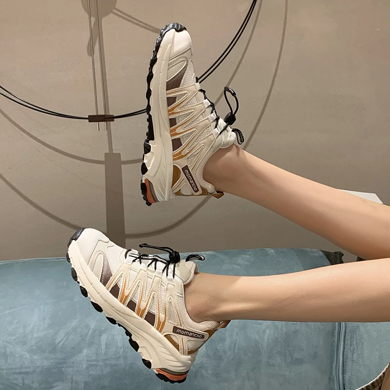 Sports Casual Shoes Women 2023 New Breathable Thick Soled Outdoor Hiking Jogging Lace-up Match Color Women Shoes Leather