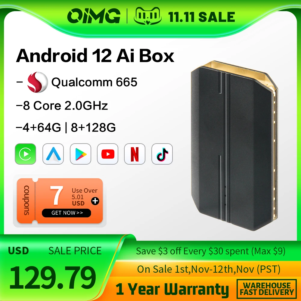 Скидка Carplay Ai Box Android 12 Беспроводной CarPlay Android Авто Netflix YouTube Spotify для Kia VW Toyota Peugeot Volvo 8 + 128 ГБ 2022