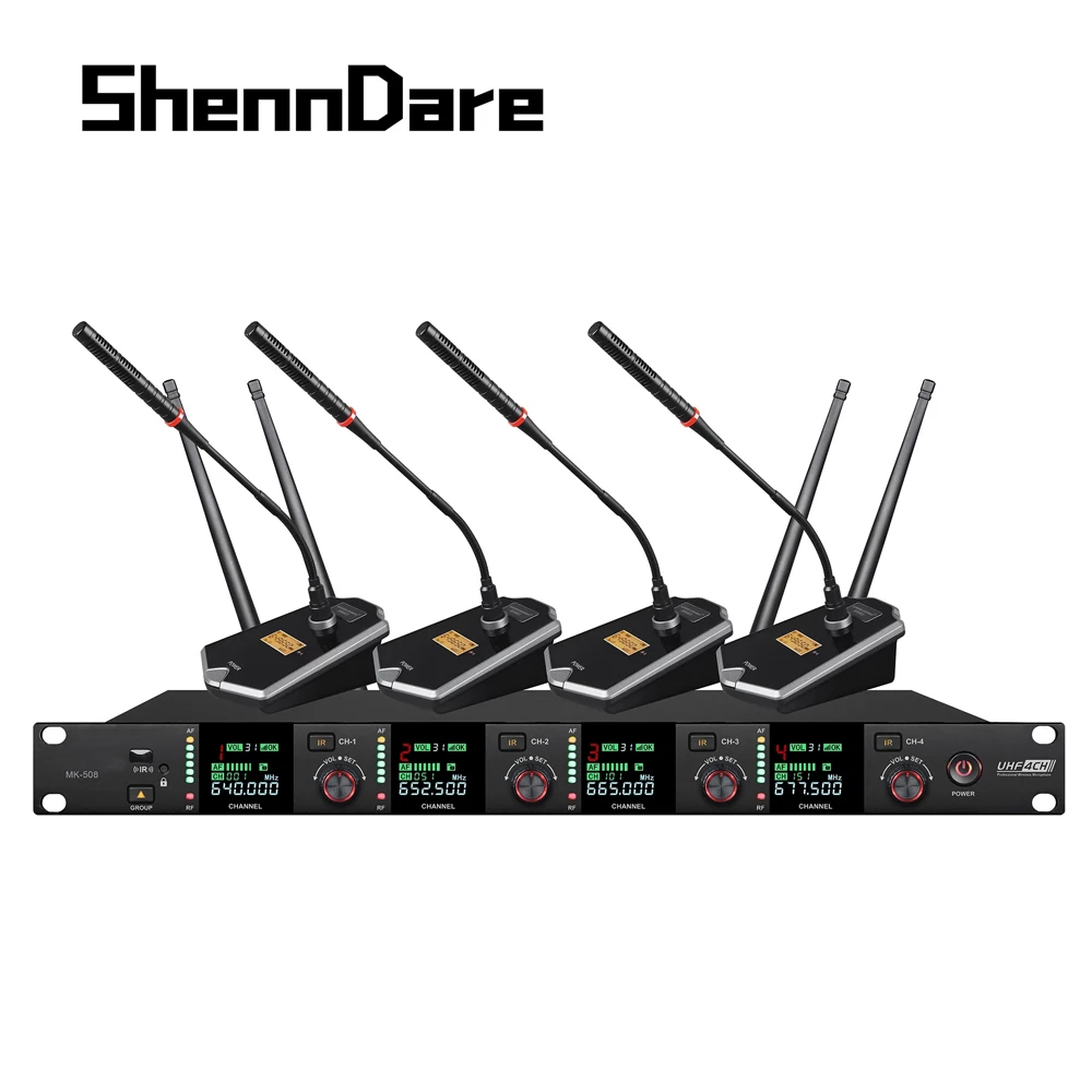 SHENNDARE-Micrófono de conferencia inalámbrico, dispositivo profesional de 4 canales, UHF, portátil, Lavalier, para conferencias en la iglesia, eventos al aire libre
