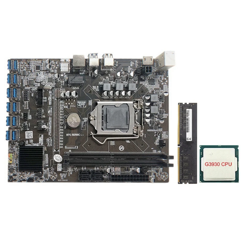 

B250C Mining Motherboard With G3930 CPU+1XDDR4 4G 2133Mhz RAM 12XPCIE To USB3.0 Card Slot Board For BTC