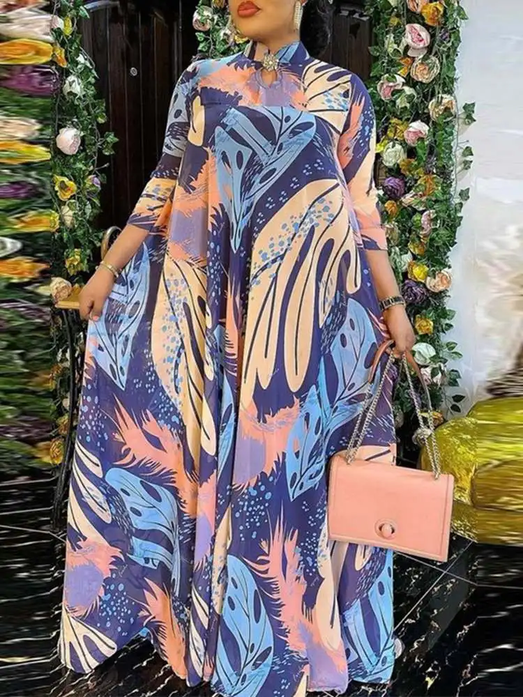 

Bohemian Printed Dress VONDA 2022 Women 3/4 Sleeve Vintage Elegant Party Pleated Maxi Dress Casual Loose Vestidos Robe Femme 4#