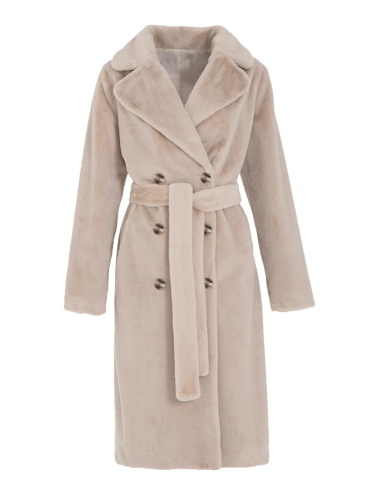 Elegant Single Breasted Luxury Faux Fur Coats with Belt 2022 Women's Autumn Winter Fashion Turn-down Collar Fluffy Long Outwear