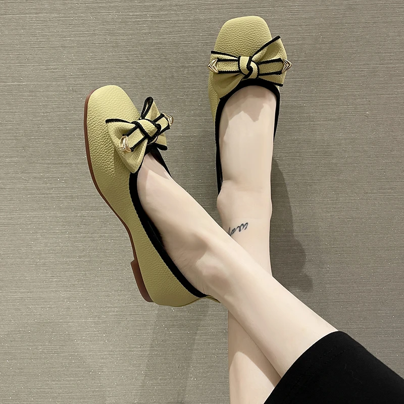 

2022 New Summer Fashion Solid Color Natural Square Head Low Heel Bow Beautiful Girl Dating Sweet One-step Women's Flat Shoes