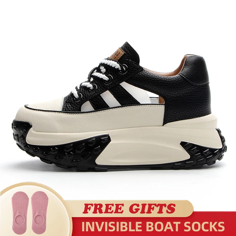 Hollow Chunky Sneakers Fashion 7cm Genuine Leather Women Vulcanize Sandles New Female Summer  Comfy Lace Up Fashion Ladies Shoes