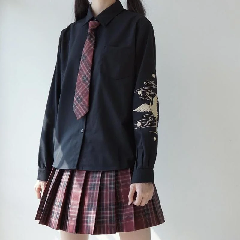 

Deeptown Black Women Blouses Japanese Style Harajuku Lolita Kawaii Embroidery Shirts Preppy Sweet Female Fashion JK School Girl