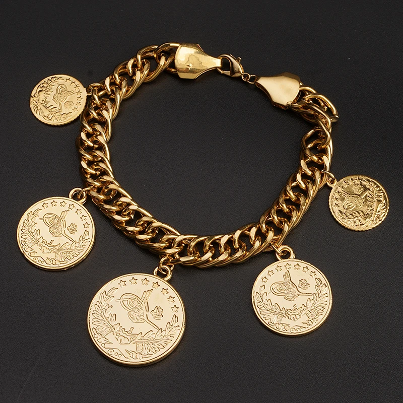 

New Vintage Portrait Charm Bracelet Ladies Fashion Jewelry Accessories Turkey Round Gold Plated Coin Pendant