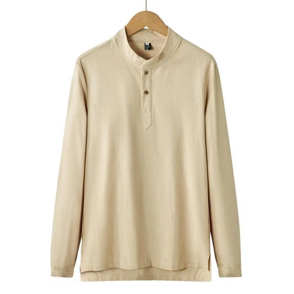 

Мужская повседневная одежда, стильный мужской пуловер с воротником-стойкой, Мягкая Повседневная Длинная рубашка с длинными рукавами и асимметричным разрезом на пуговицах