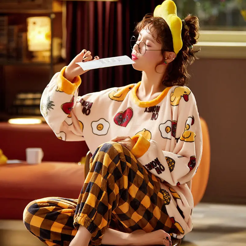 Winter Women's Flannel Pajama Suit Warm Thickening Oversize Korean Fashion Sleep Top Loose Plush for Warmth