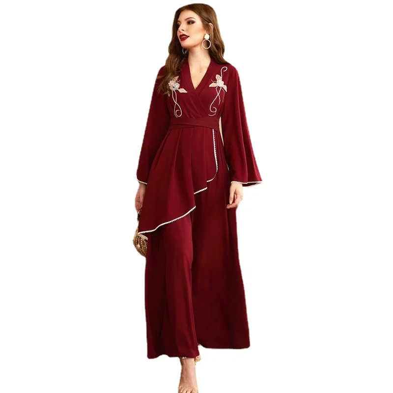 

Modest Abaya Dres for Women Burgundy Pearls Flower Lace Embroidery Flare Sleeve Moroccan Kaftan Dubai Clothes 2022