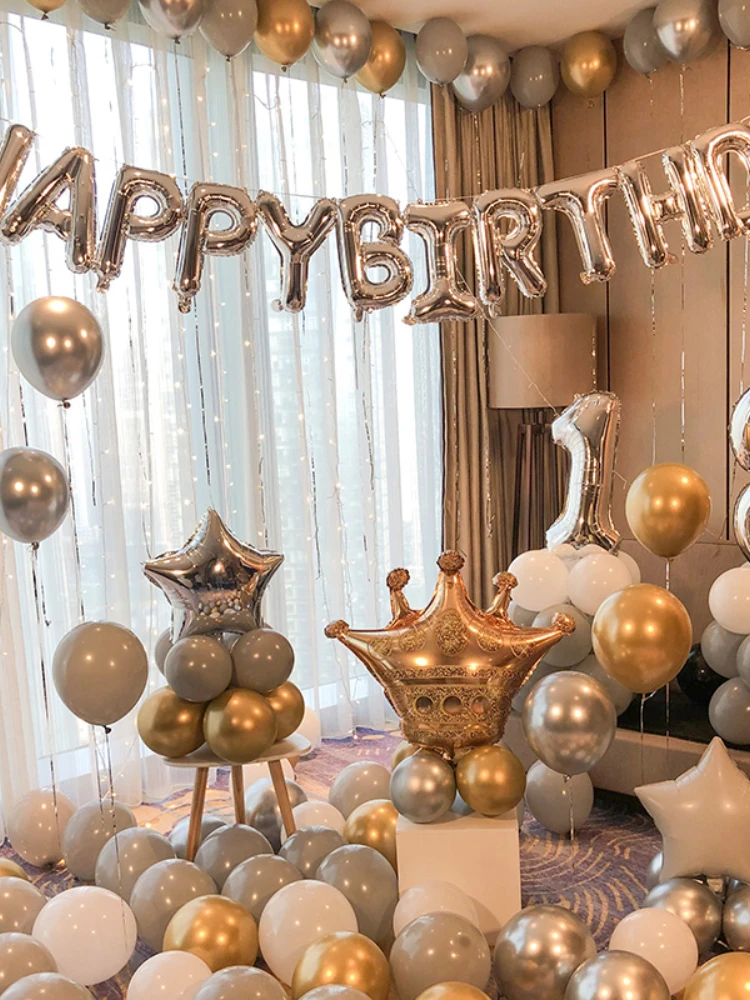 

1 set of Aluminum Balloon Crown Gold Black Birthday background 10m light string balloons decorate family gathering scene layout