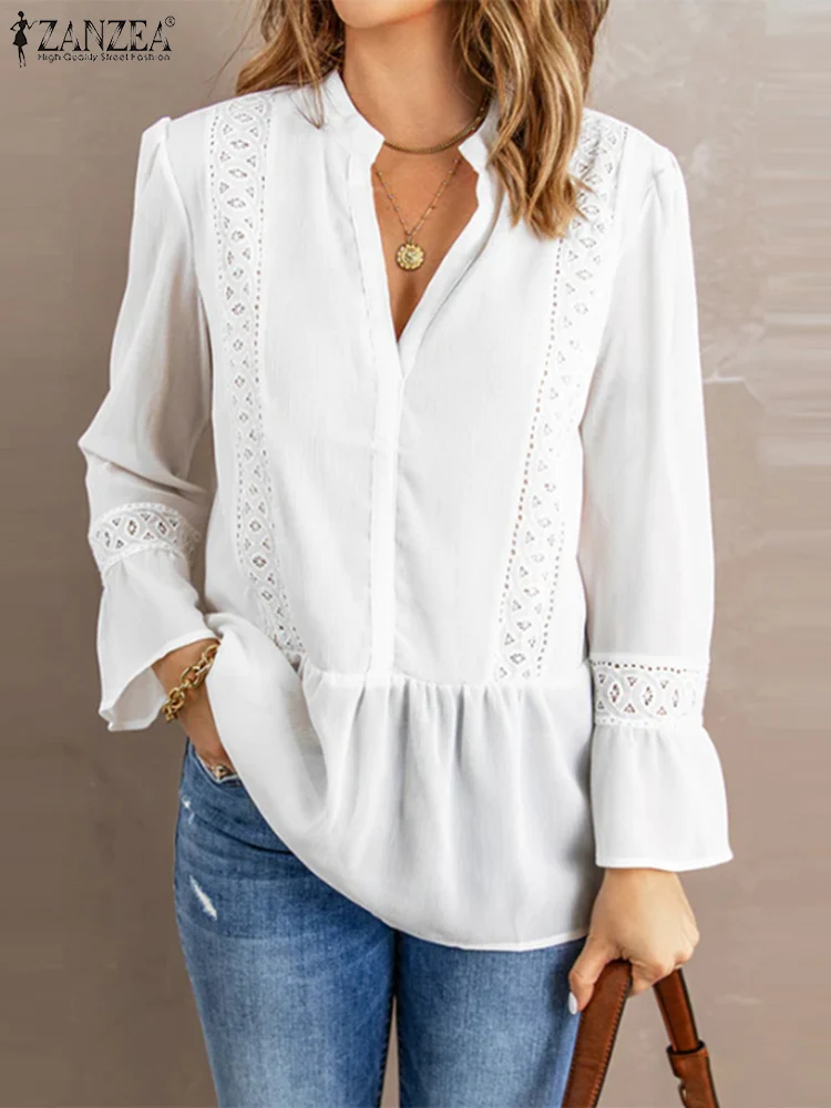 

ZANZEA Fashion Long Sleeve Lace Crochet Blouse Spring Women Elegant Shirt Casual Ruffles Holiday Blusas Female Solid Party Tops