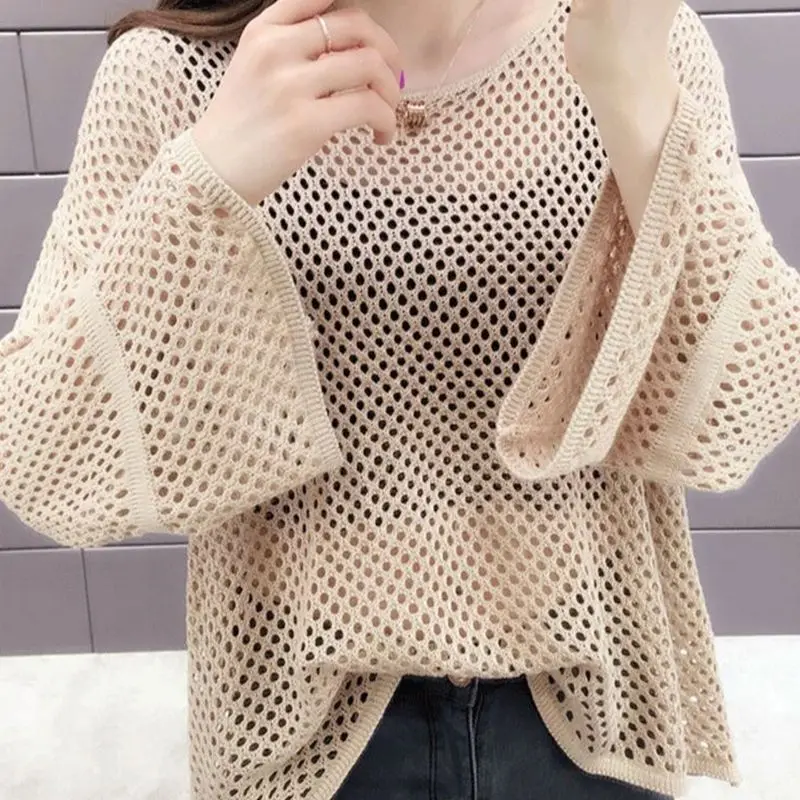 

Tops Casual Mesh Sleeve Out Tee Korean Hollowed Oversized Women Summer T-shirt Long Sunscreen Pullover Sweater Knit Fashion