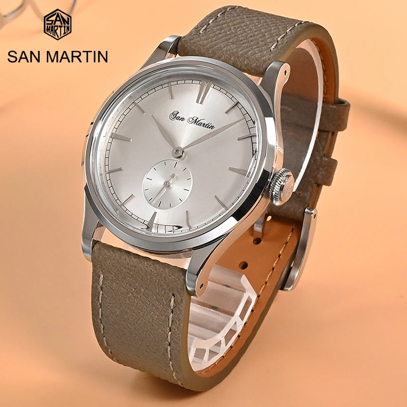 

San Martin New Men Dress Watch 38mm Sunray Salmon Dial Ronda 715/6004 Quartz Movement Vintage Simple Watches 5 Bar Leather Strap