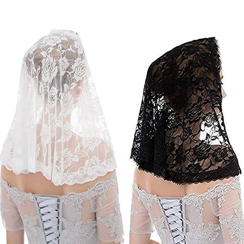 

H9ED Spanish Style Lace Traditional Vintage Mantilla Veil Latin Mass Head Covering Scarf for catholic Church Chapel