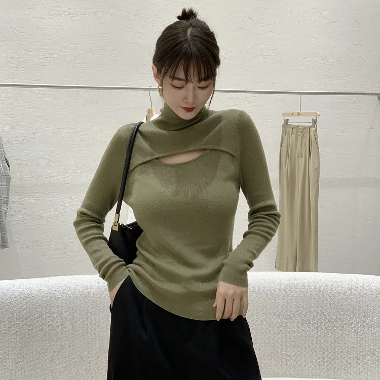 

2022 High neck solid color winter long sleeved bottom knit gray