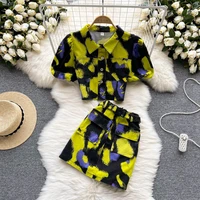 women summer two 2 pieces set camouflage puff sleeve jeans tops high waist pocket mini denim skirts korean office lady suits