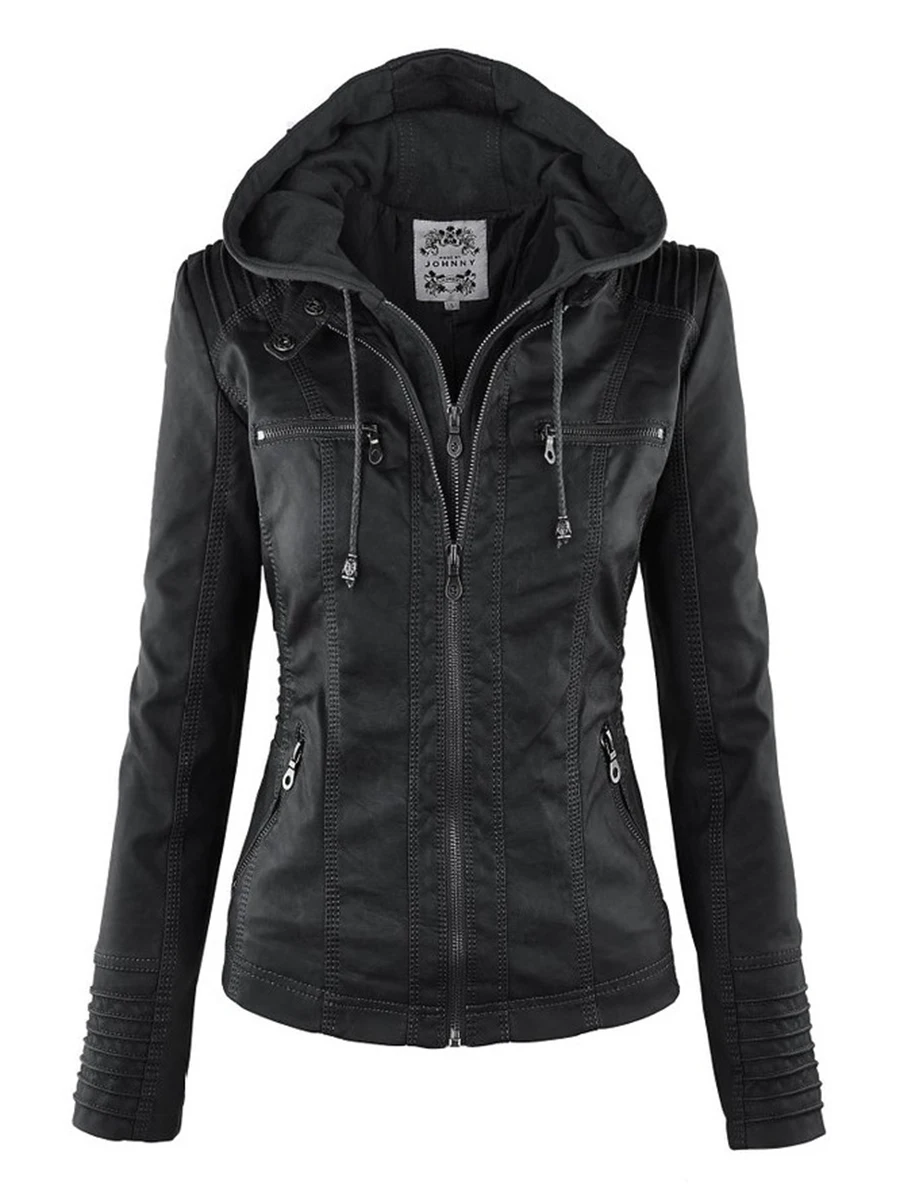 

Gothic Faux Leather Jacket Women 2023 Hoodies Winter Autumn Motorcycle Jacket Black Outerwear Faux Leather PU Basic Jacket Coat