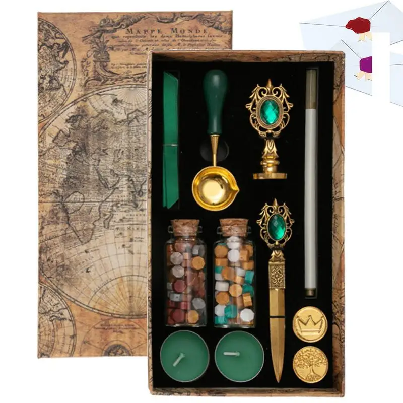 

Vintage Wax Seal Stamp Box Set Paint Wax Fire Lacquer Kit And Stamp Portable Fire Paint Wax Replaceable Stamps Set For Gift Wrap