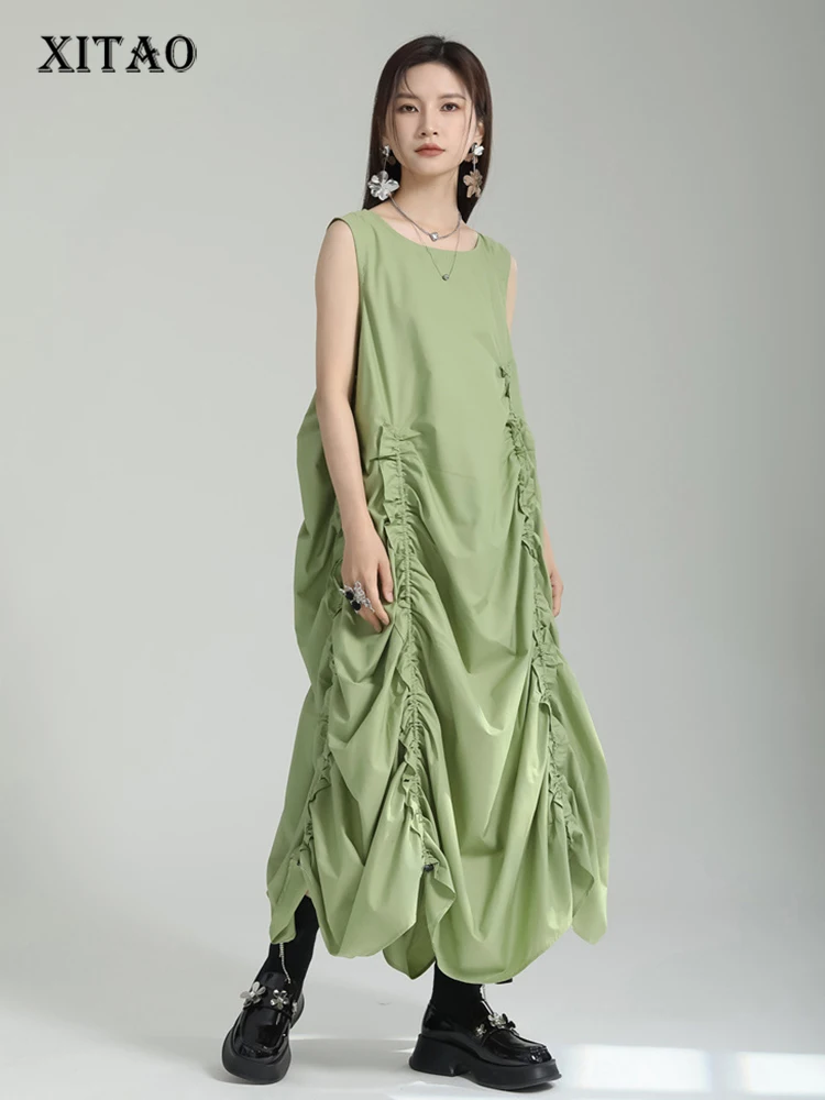 

XITAO однотонное плиссированное платье для женщин, Корея, лето 2023, Новое поступление, индивидуальное модное свободное платье без рукавов с круглым вырезом, WMD5840