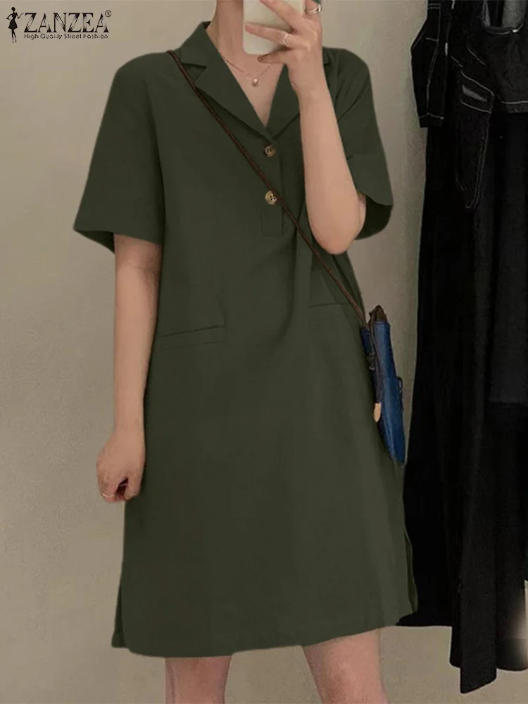 

ZANZEA Woman Lapel Neck Solid Color Dress Summer Short Sleeve Robe Ladies Stylish Knee Length Vestidos Office OL Dresses Femme