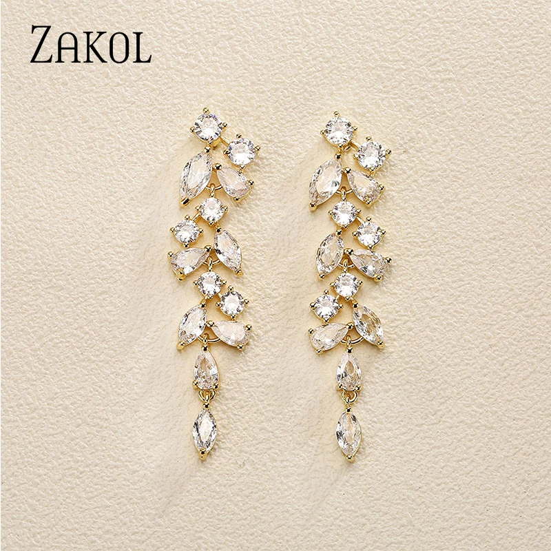 Украшения Женские ukol с фианитами длинные в форме листьев для невесты EP5327