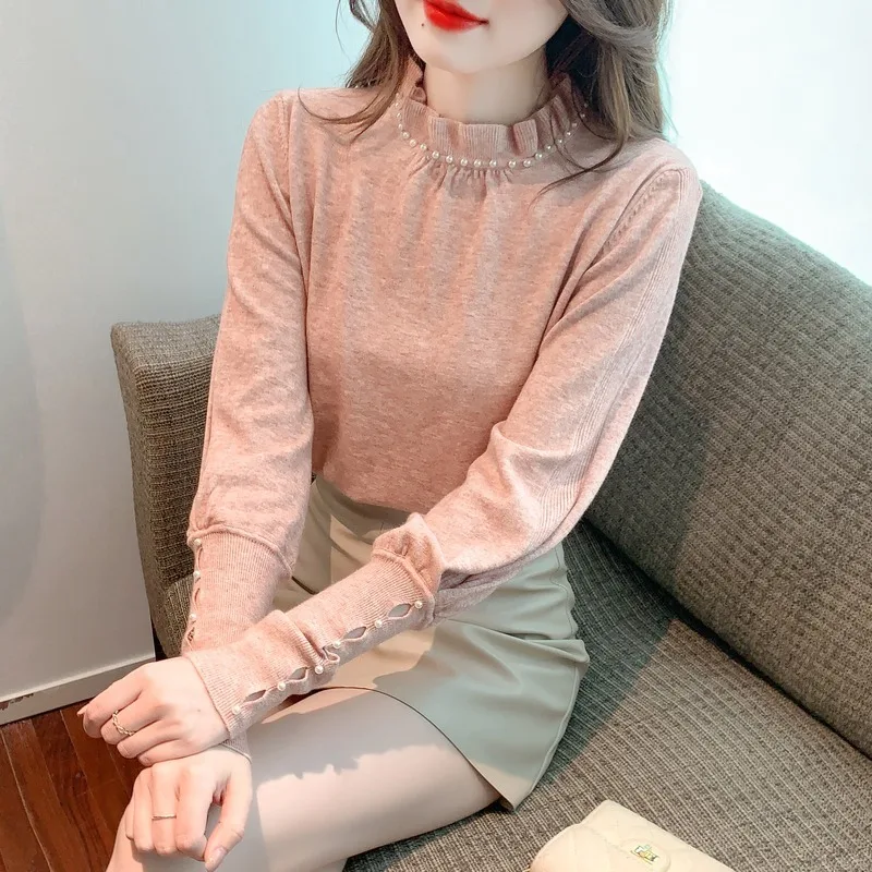 

Женский элегантный свитер с жемчужинами, Элегантный Эластичный черный джемпер во французском стиле с пуговицами и ложным воротником, осень 2023