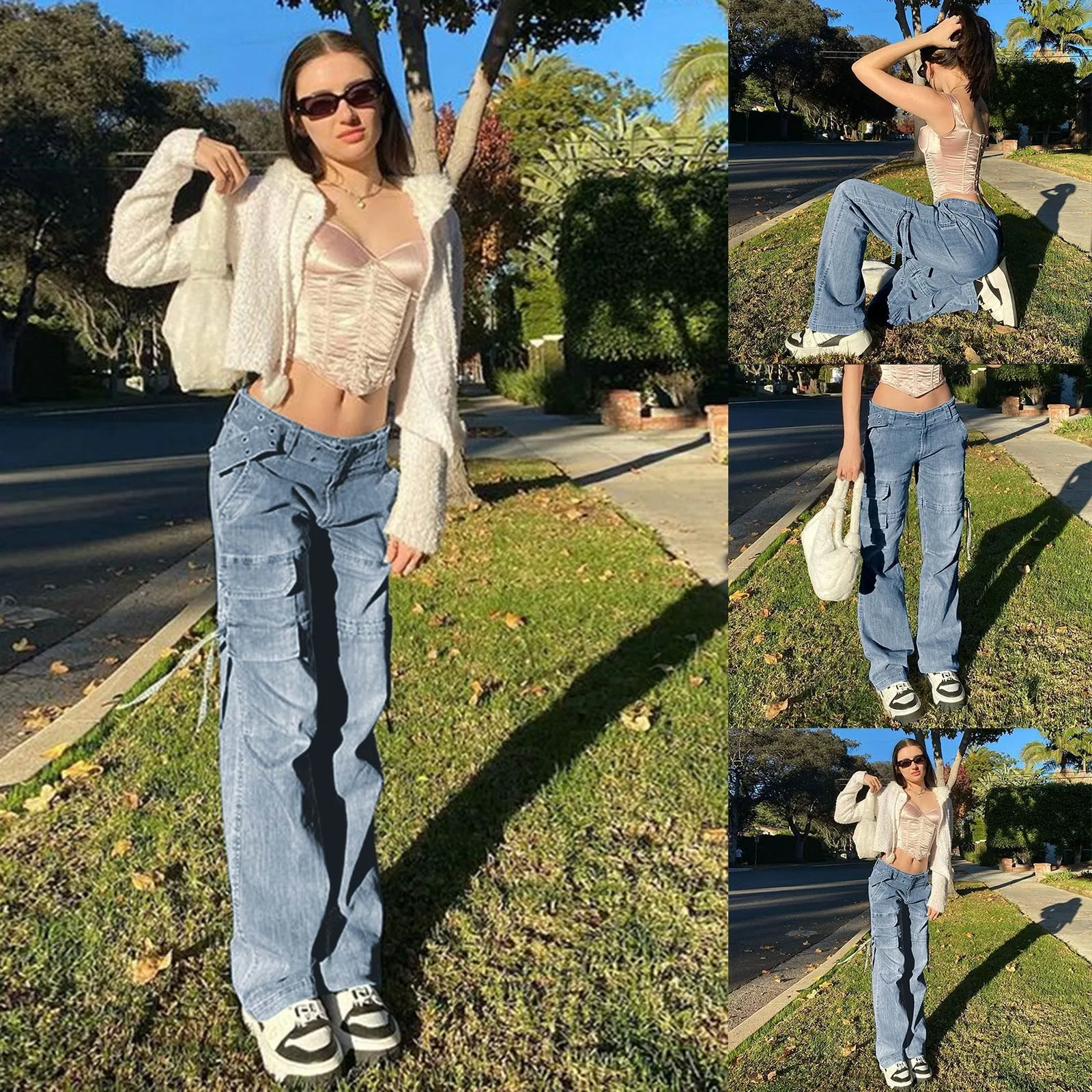 

Джинсы Женские однотонные со средней посадкой, модные комбинезоны в Корейском стиле, свободные брюки с широкими штанинами, с заниженной тал...