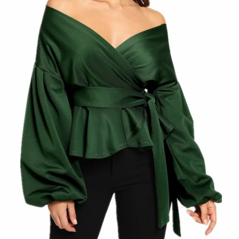 Patchwork Solid Summer 2022 Women Tops New Fashion V-Neck Lantern Sleeve Blouse Sexy Off Shoulder Bow Sashes