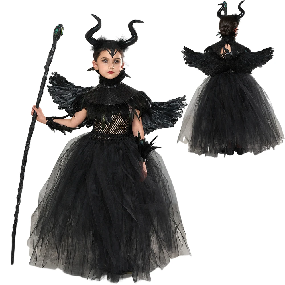 

Girls Maleficent Black Gown Halloween Costume Gothic Dark Witch Queen Kids Tutu Dress Evil Queen Fairy Costume With Feather Cape