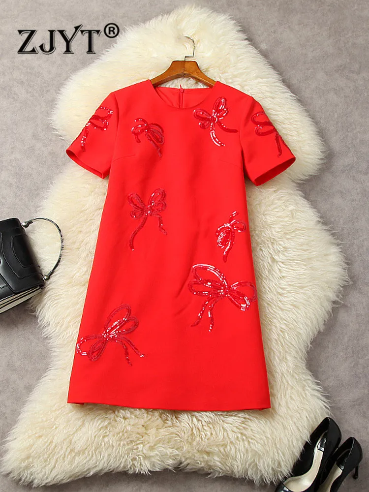 

ZJYT Elegant Luxury Sequined Runway Dress Women 2023 Spring Summer Short Sleeve Red Party Robe Loose Waist Casual Sweet Vestidos