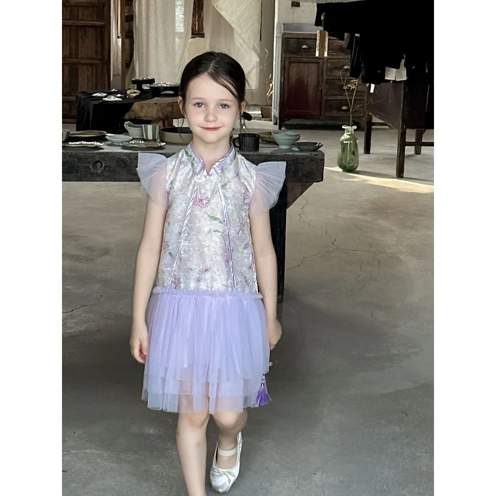 Платье для девочек Новинка лета 2024 китайское газовое платье без рукавов с