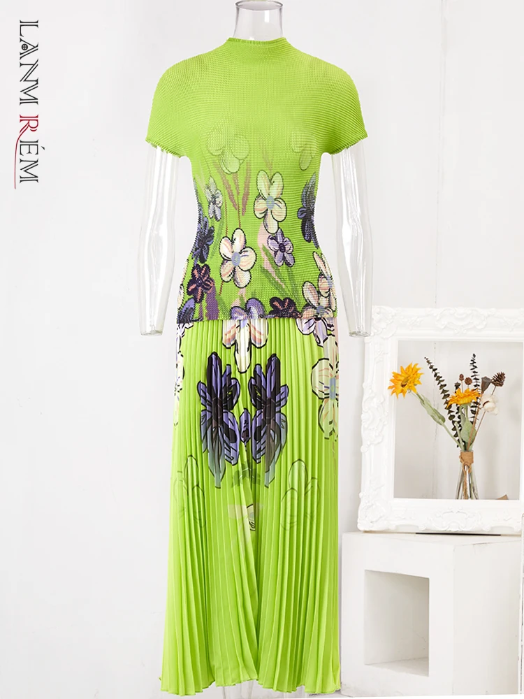 

LANMREM Printed Flower Pleated 2 Pieces Set For Women Round Neck Short Sleeves Tops High Waist Fashion Skirts 2023 New 2YAa2180